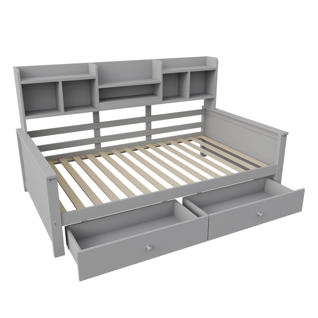 Divano letto 90x200 cm con 2 cassetti e vani portaoggetti; grigio