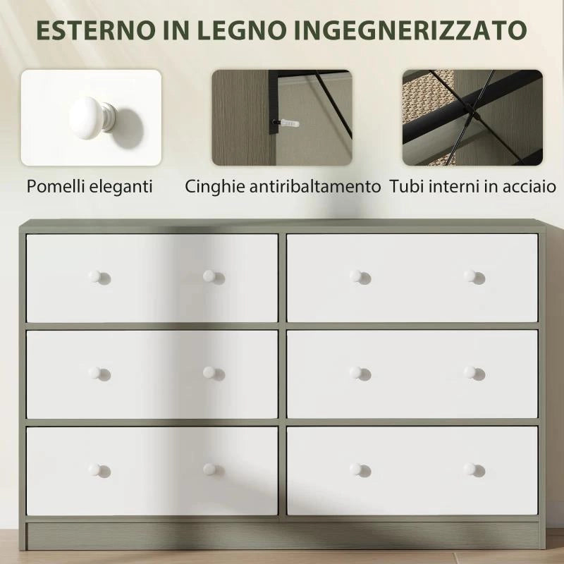 CASSETTIERA 6 CASSETTI PIEGHEVOLI CON MANIGLIE DOPPIE, IN LEGNO, ACCIAIO E TESSUTO, 114X30X70 CM, BIANCO E GRIGIO