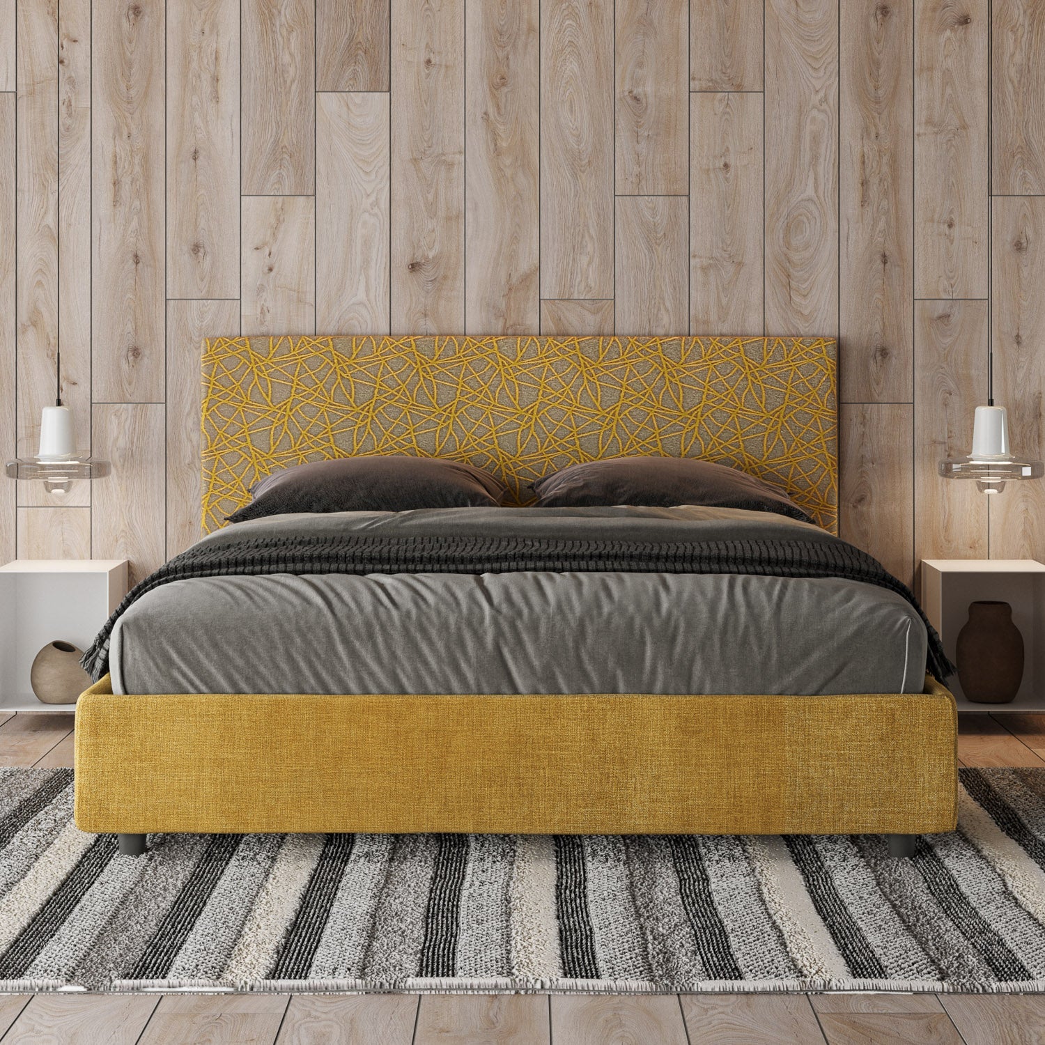 Letto Matrimoniale 160x210 cm con Rete e Contenitore con Testata e Alzata Comoda Imbottito in Tessuto Era Arla Giallo