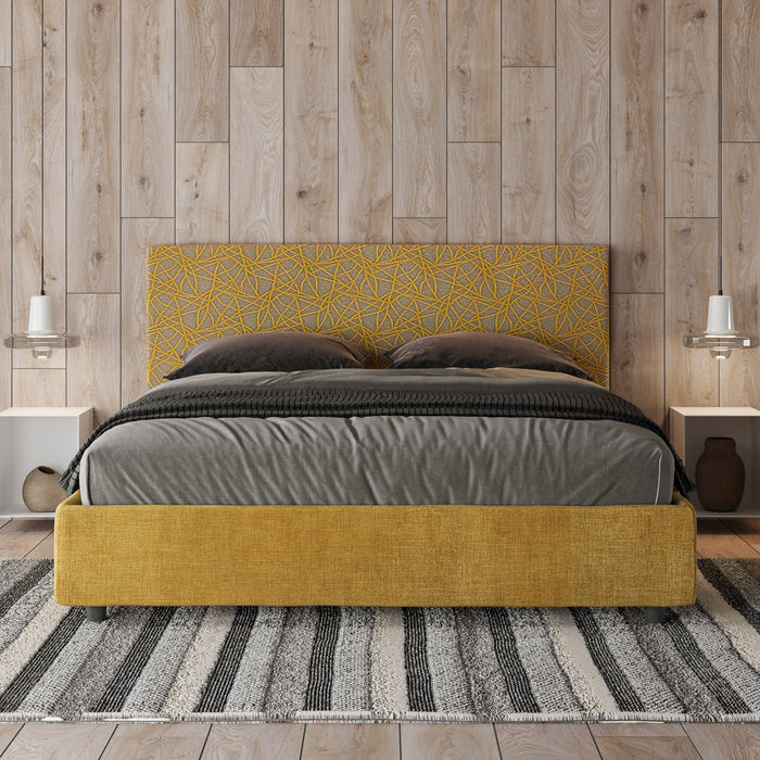 Letto Matrimoniale 160x210 cm con Rete e Contenitore con Testata e Alzata Comoda Imbottito in Tessuto Era Arla Giallo