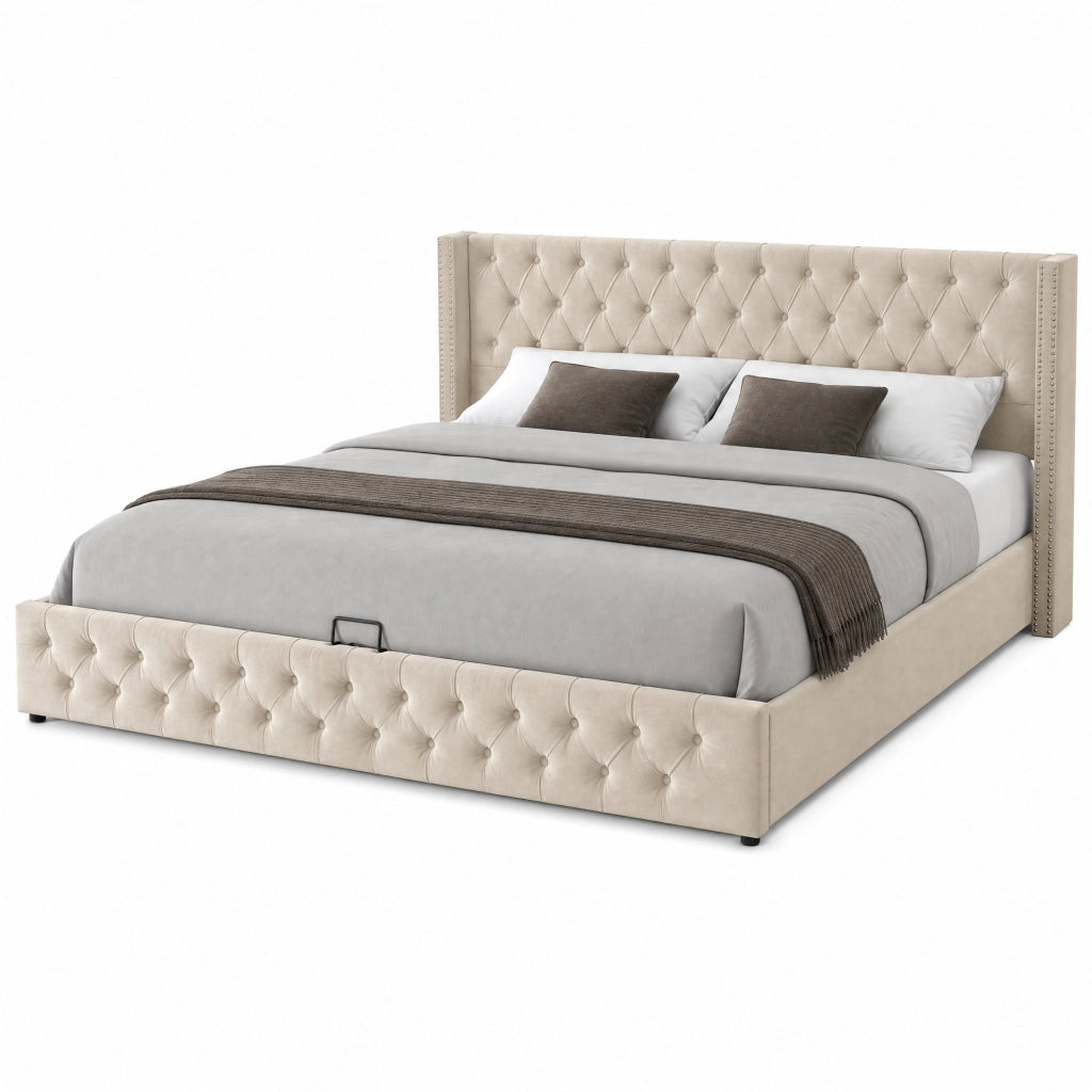 Letto matrimoniale 180x200 cm in velluto con contenitore idraulico; stile Chesterfield; beige