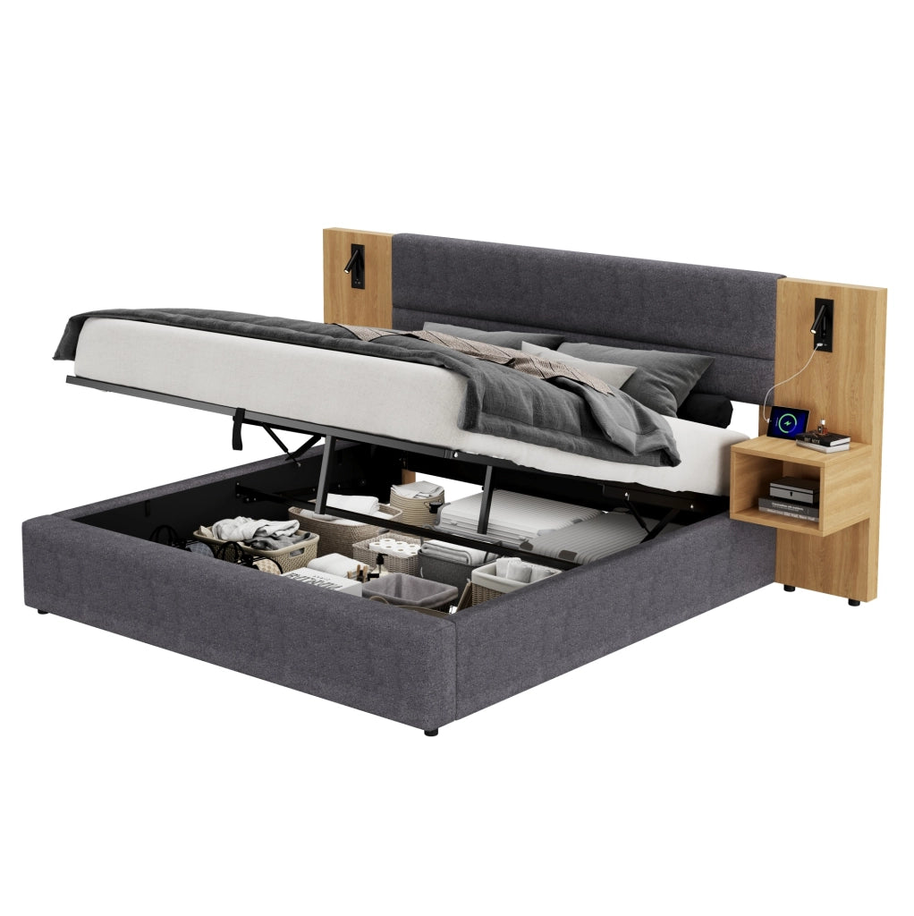 Letto matrimoniale 160x200 cm in velluto con contenitore idraulico; USB e 2 comodini; naturale e grigio