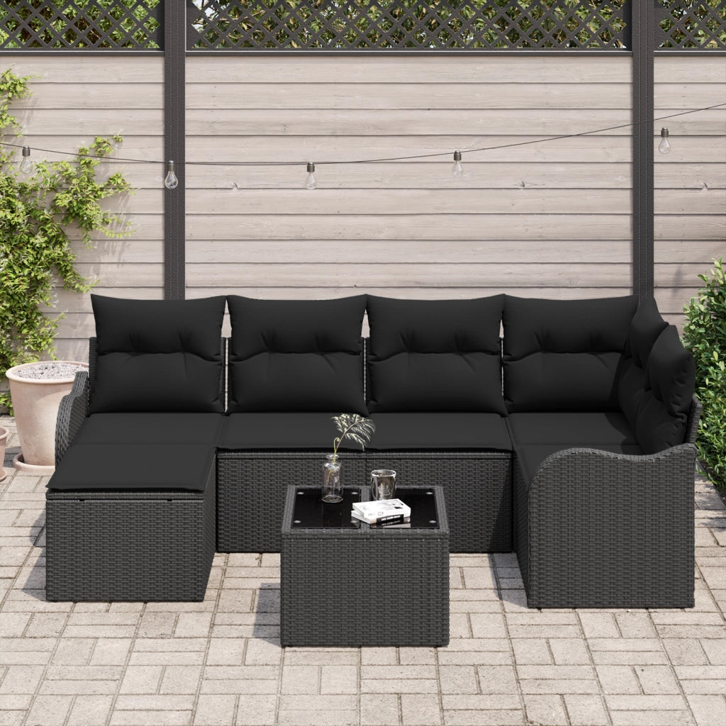 Set Divano da Giardino in 7 Pezzi con Cuscini Beige Polyrattan