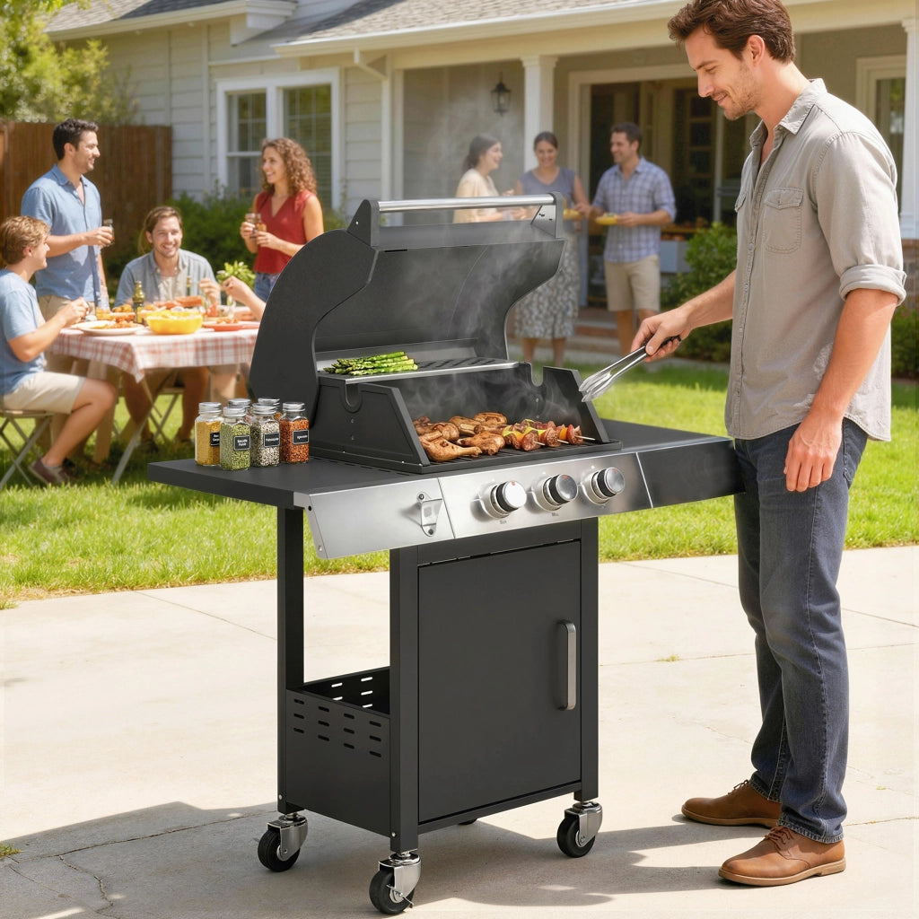Barbecue a Gas 3 Bruciatori 8.1 kW con Termometro Griglia Armadio e Ruote ¨C Zephmum ¨C 109x50x109 cm Nero