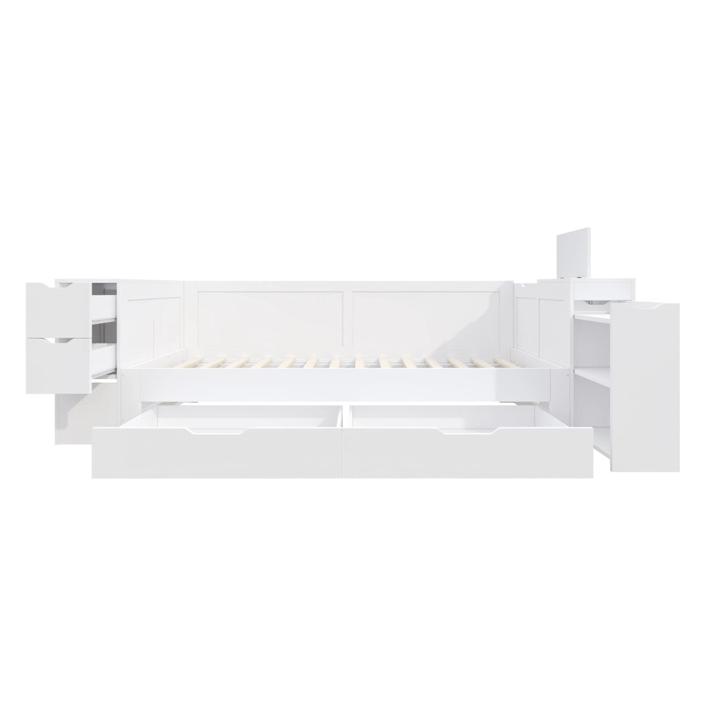 Letto a Divanetto 90x200 cm; Letto Singolo con Cassetti e Contenitore in MDF Bianco