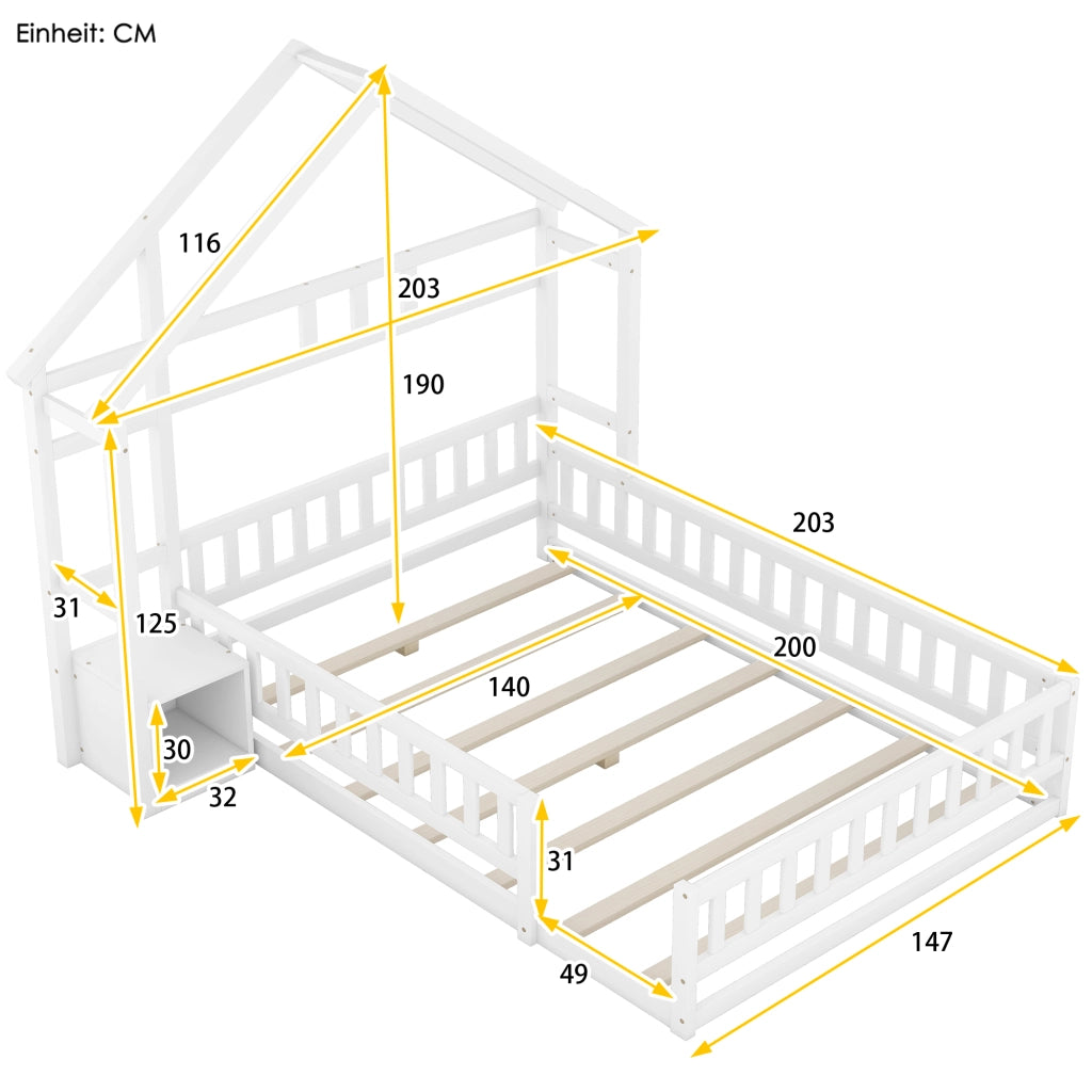 OKWISH Letto a Casetta 140×200 cm, Letto Matrimoniale con Sponda 31 cm e Comodino, senza Materasso, in Pino, Bianco