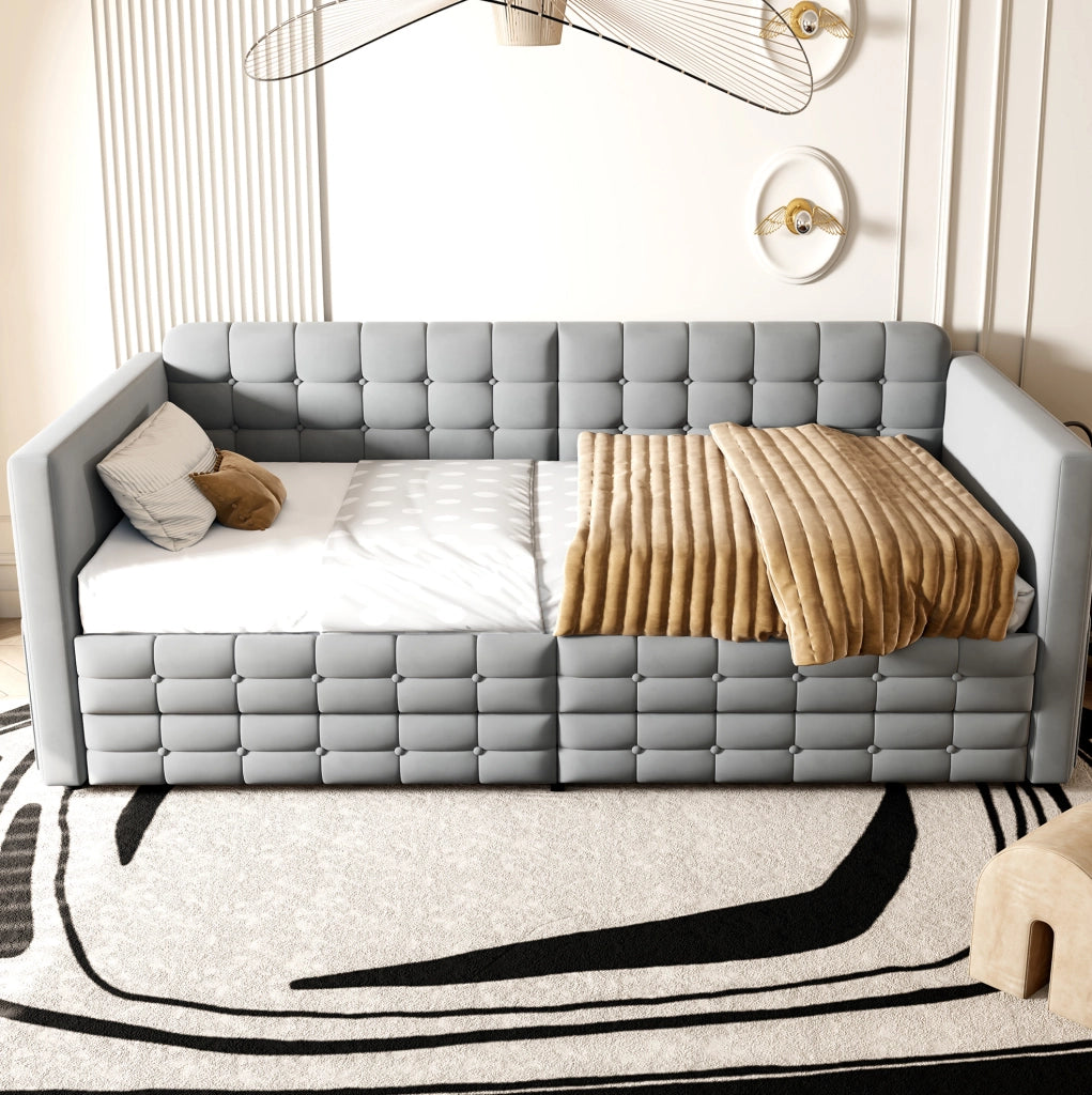 Letto imbottito singolo 90x190 cm in velluto grigio chiaro con 2 cassetti e tasche laterali