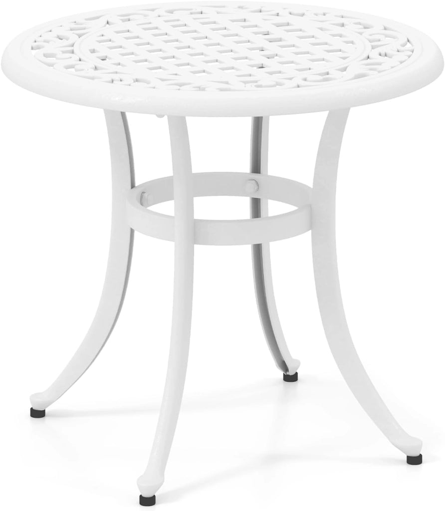 Tavolo da giardino resistente alle intemperie, in alluminio pressofuso, rotondo, con piedini regolabili, 60 x 60 x 53 cm, per giardino, Bianco