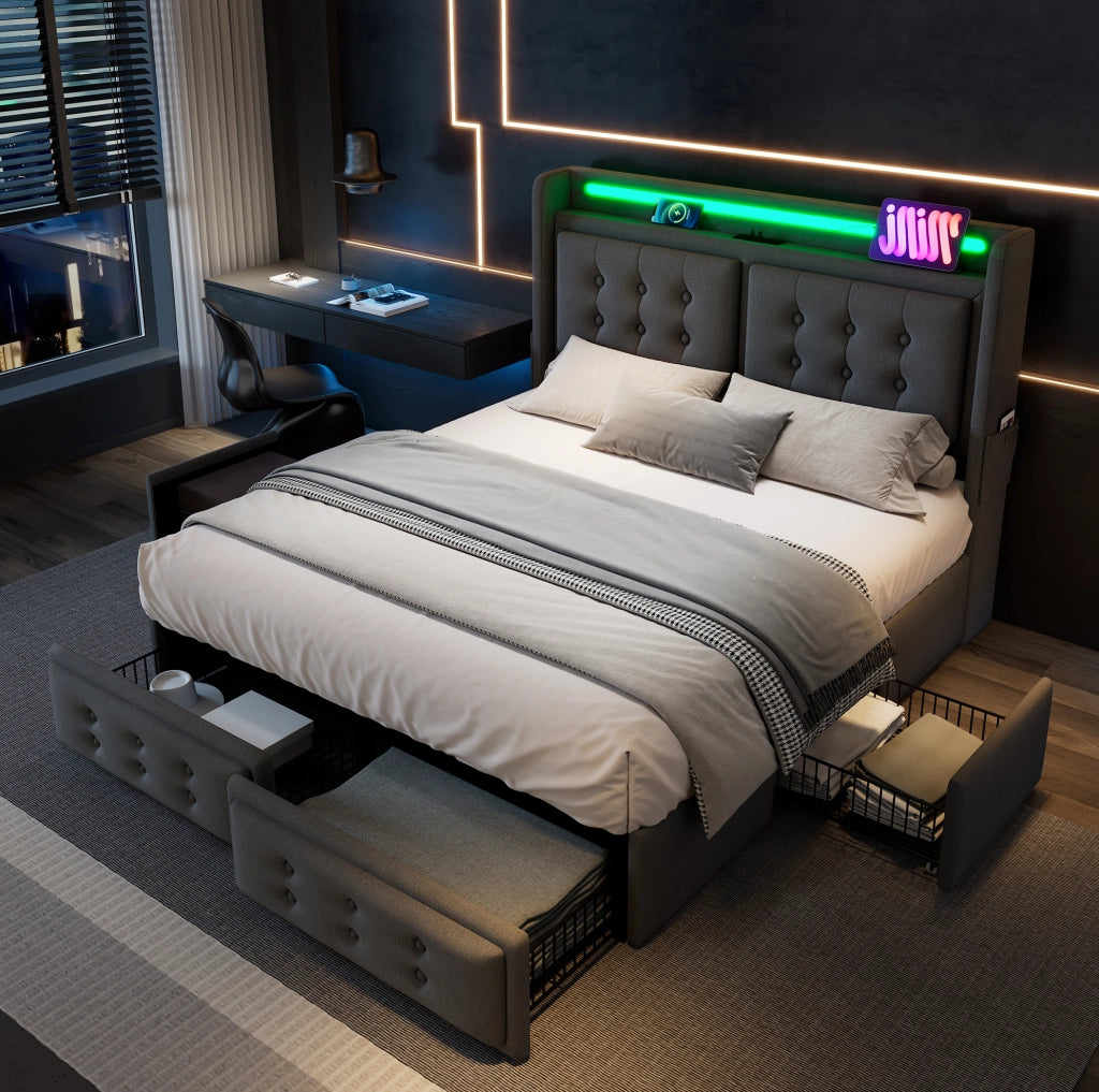 Letto imbottito ULEVR 140x200 cm con LED, USB-C, 4 cassetti e rivestimento grigio in cotone e lino
