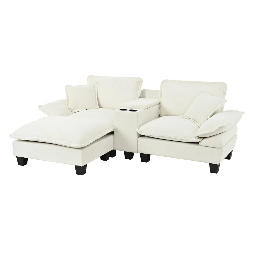Divano modulare angolare con contenitore; porta bicchieri e USB; in chenille beige