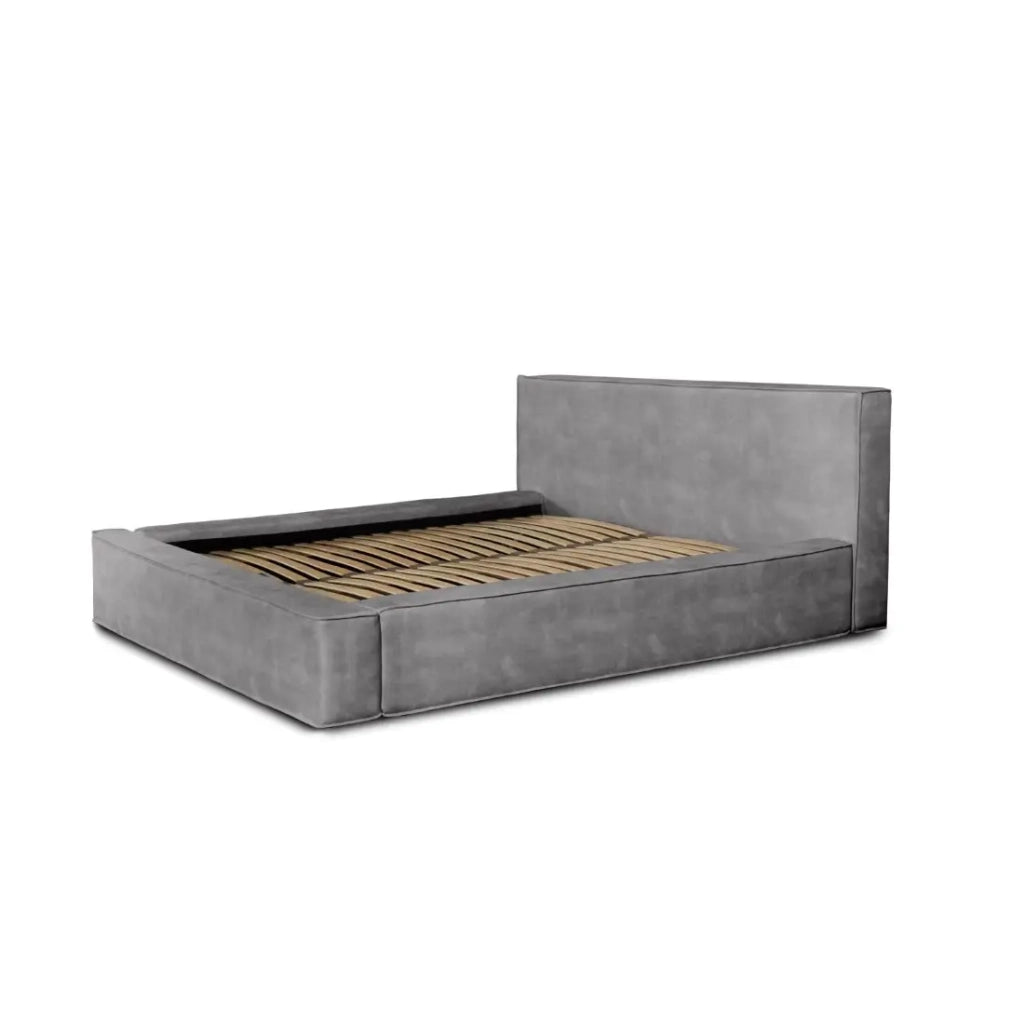 Letto contenitore VELORA – Grigio chiaro – 160x200 cm – Tessuto velluto morbido – Rete sollevabile – Contenitore integrato