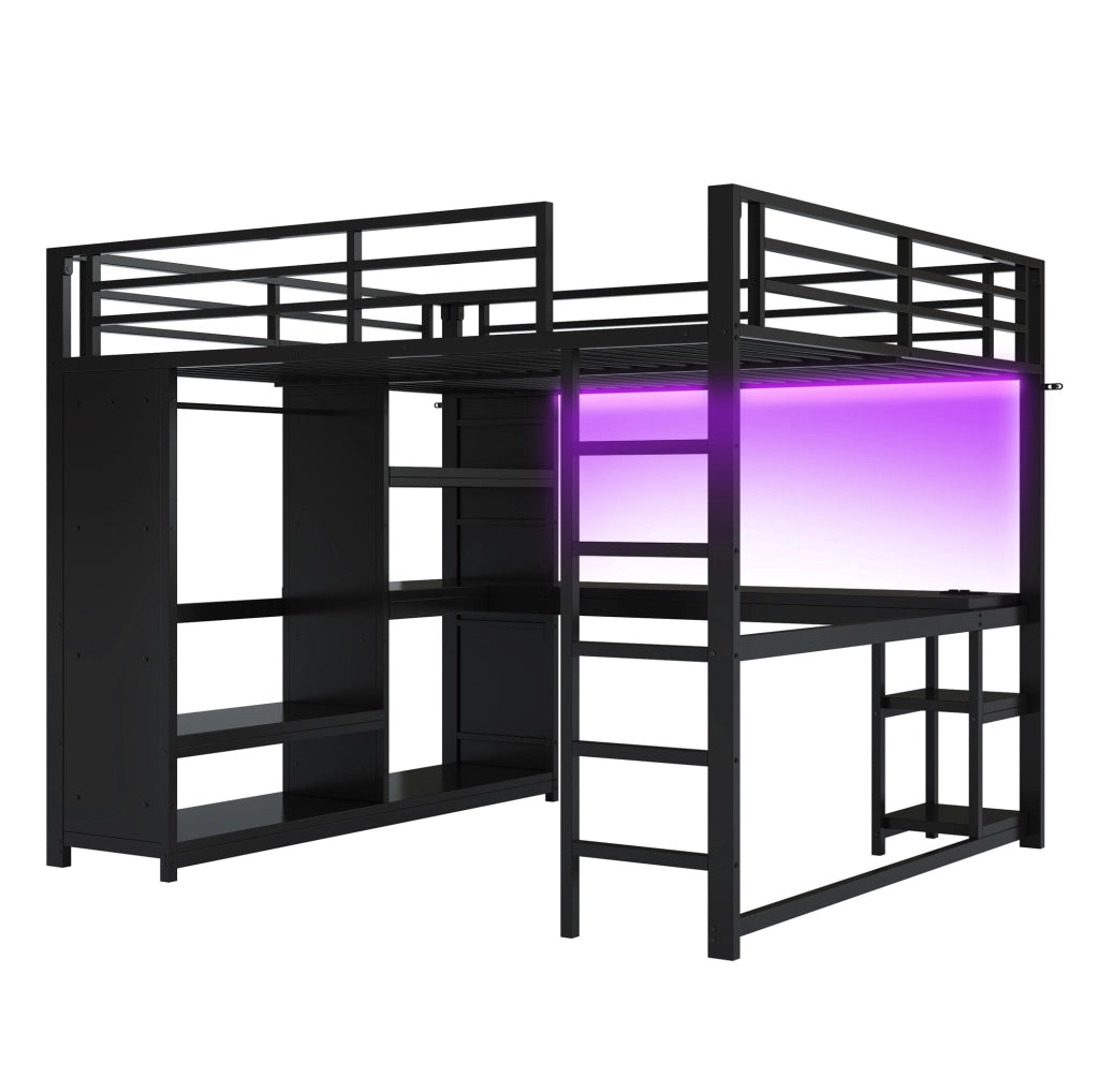 Letto a soppalco 160x200 cm con LED; scrivania e guardaroba aperto in metallo nero