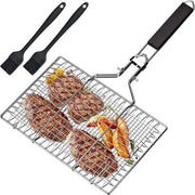 Grill con manico in acciaio inossidabile - Con 2 setole in silicone - Griglia quadrata - Grill con manico - Ripiegabile - Portatile - Accessori per griglie in acciaio inossidabile - 50x32x3,5cm