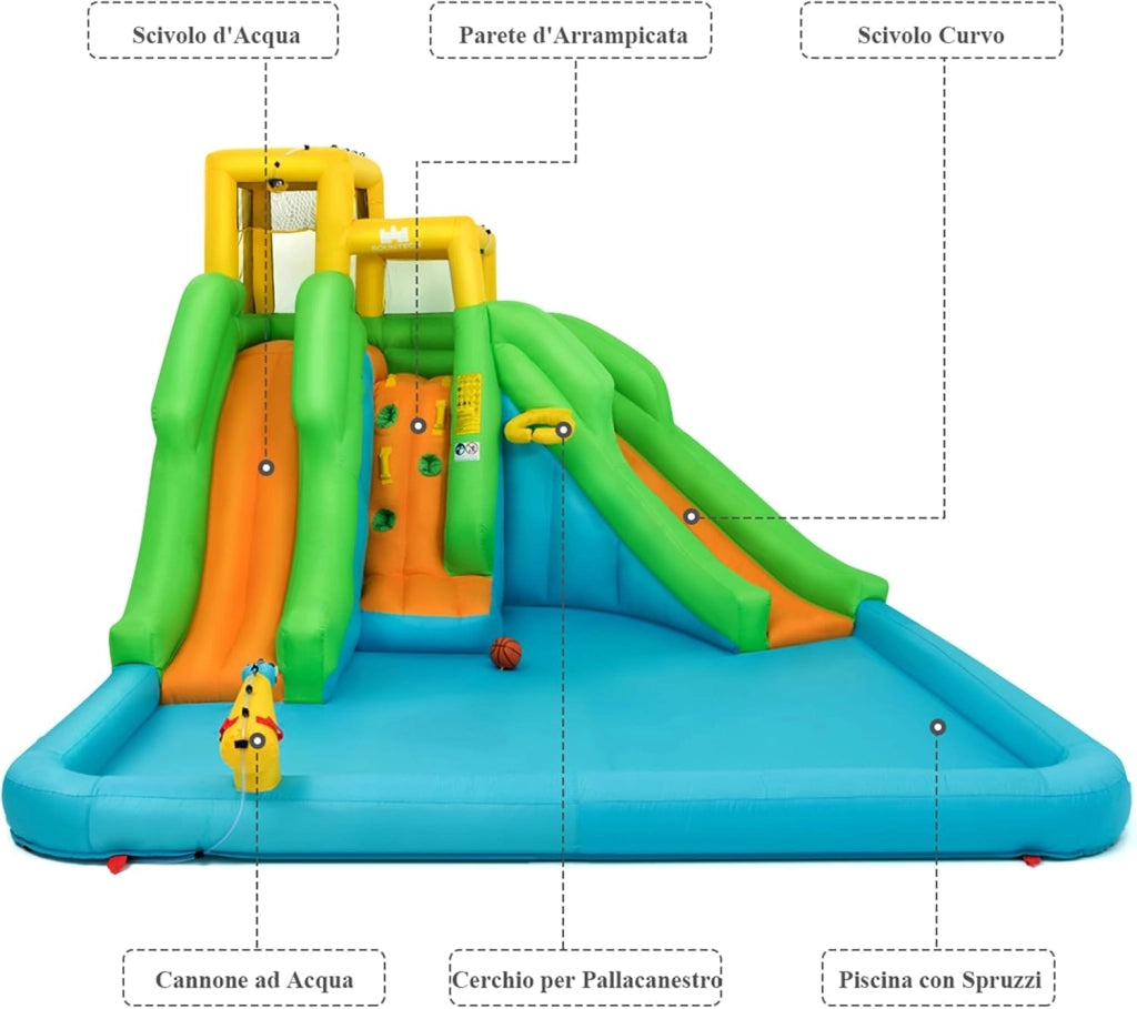 Castello Gonfiabile per Bambini, Con Scivolo, Parete di Arrampicata, Piscina e Canestro da Basket, per 3 Bambini di 3-10 Anni, 400 x 360 x 255 cm (Senza soffiatore)
