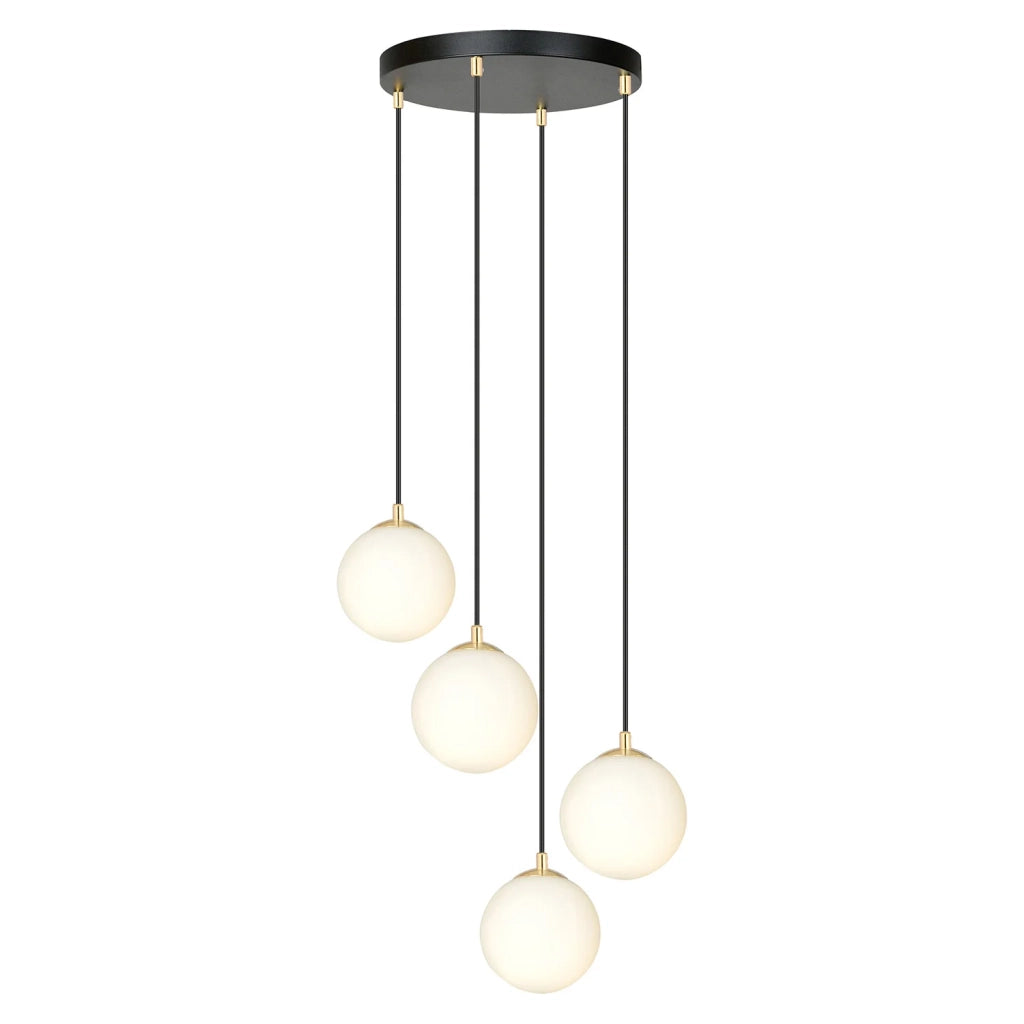 Sospensione Contemporanea Nuada 4 Luci In Acciaio Nero/Oro Sfere Vetro Bianco