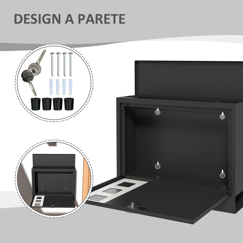 Cassetta Postale in Metallo con 2 Chiavi di Sicurezza, 3 Finestre e Foro di Drenaggio, 36.5x11.5x29 cm, Nera