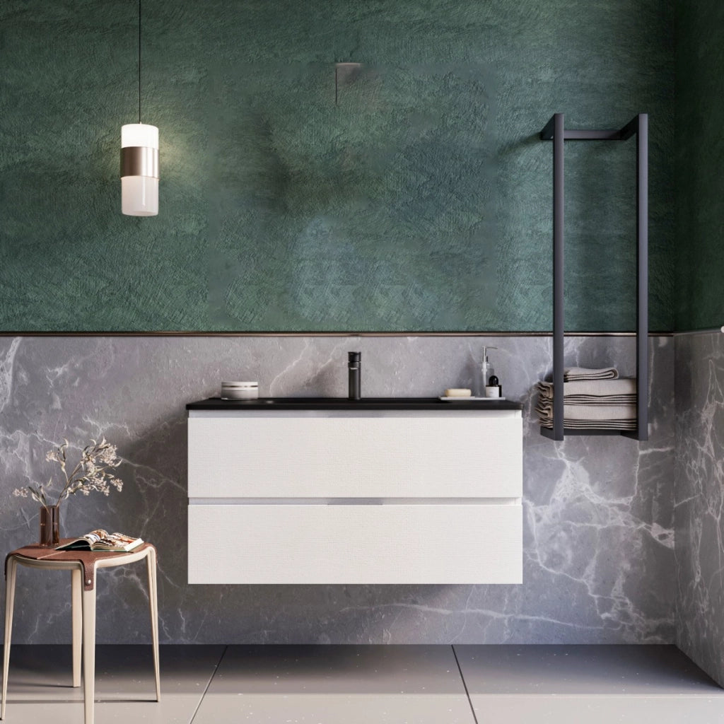 Mobile bagno sospeso 100cm bianco lavabo nero opaco specchio armony, selezione accessori senza specchio