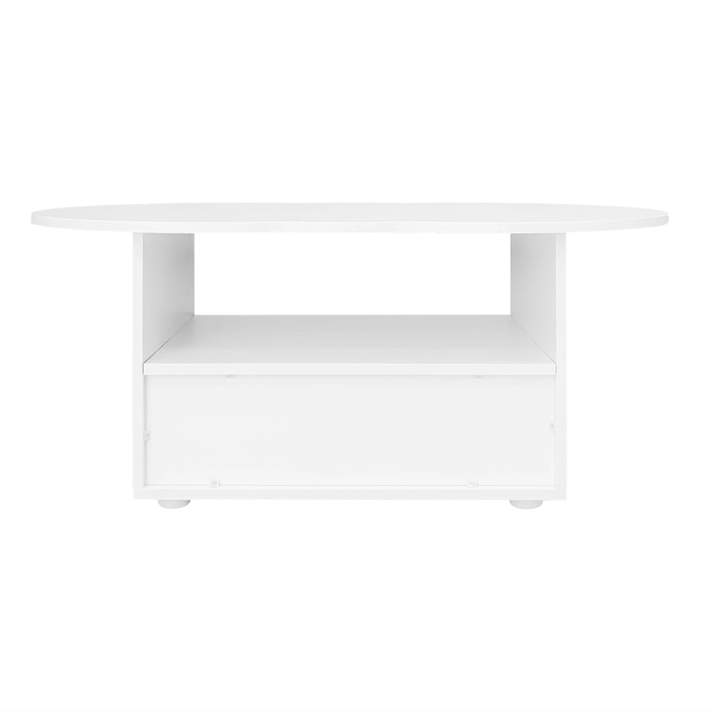 Tavolino da salotto 100x60x40.5 cm; piano a forma di nuvola con cassetto e vano aperto; truciolare bianco