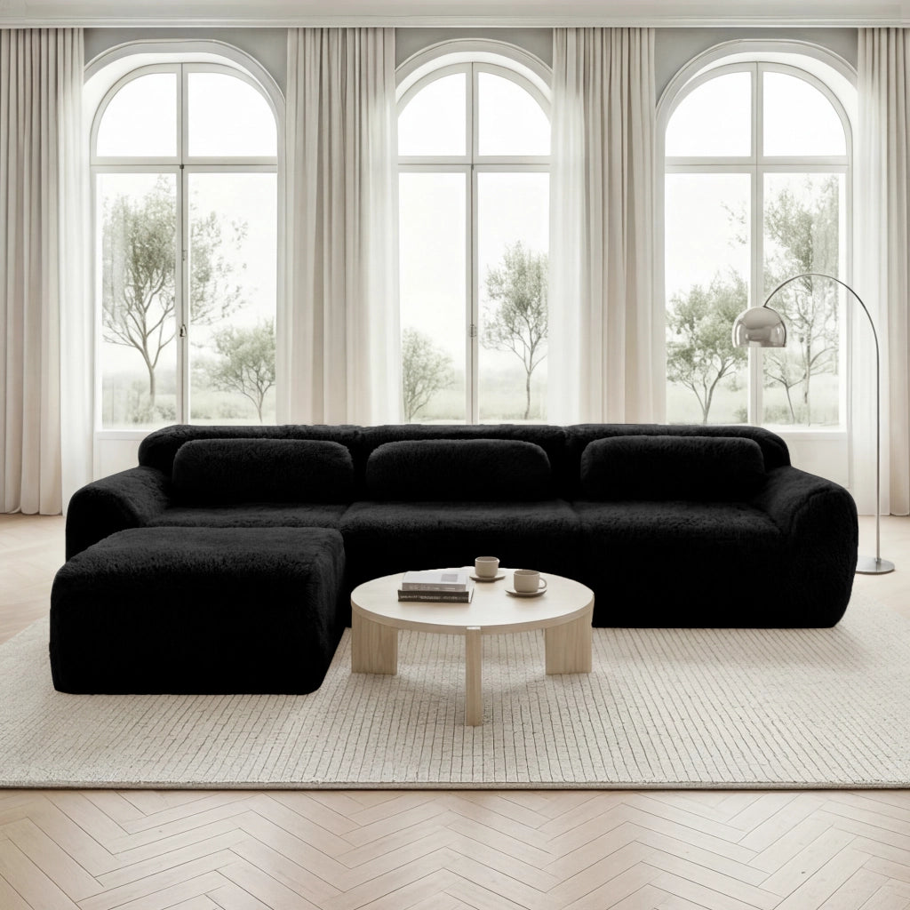 OKWISH Divano Angolare Modulare, Design senza Struttura con Seduta Profonda, Pouf Collegabile e Cuscini, Peluche, Nero