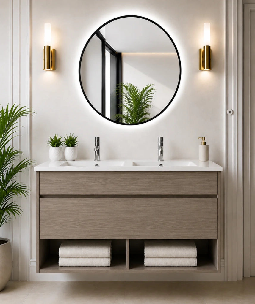 Mobile bagno sospeso con lavabo extrapiano ORIGENBATH NEBARI senza specchio 120x45 cm doppio lavabo rovere smoky