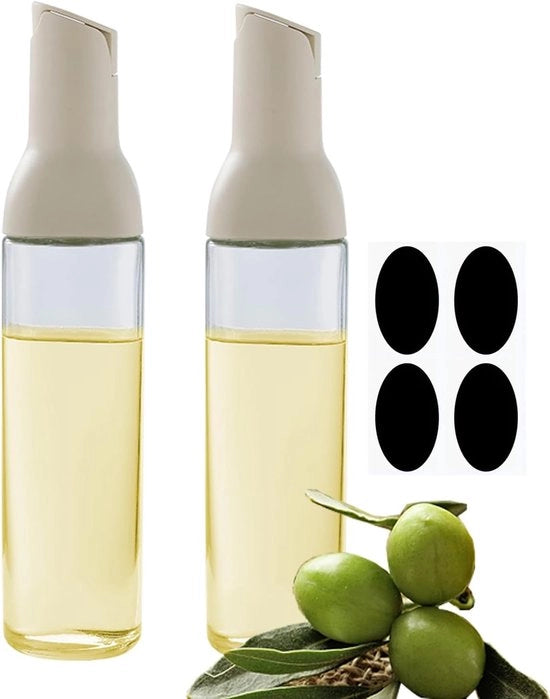 Set di Dispensatori di Olio Automatici 2 pezzi | 500ml Bicchieri in Vetro Beige con Spillo Senza Gocciolamento, Ciotola Ampia per Evacuazione Facile e Pulizia - bianco