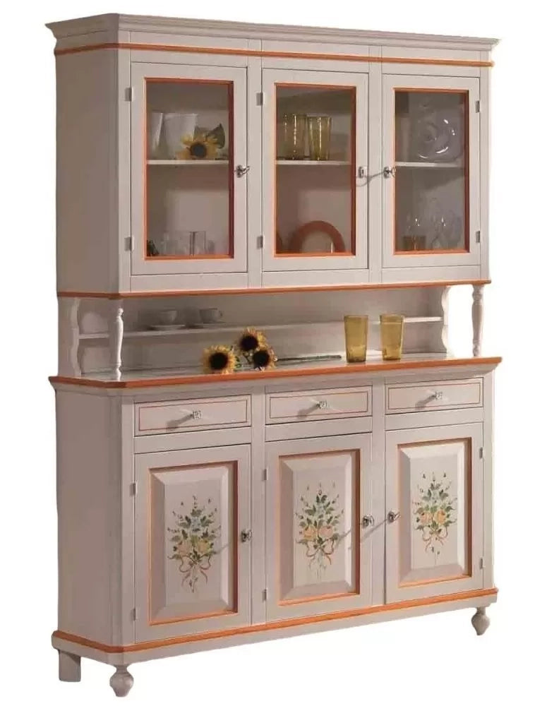 Cristalliera arte povera legno 3 porte avorio patinato decori 150x43x208 - Mobili 2G