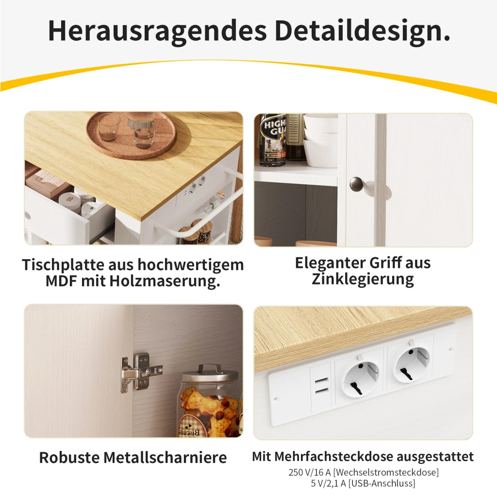 Carrello da Cucina con 2 Cassetti e 6 Vani; Prese Integrate e Piano Ribaltabile; in MDF e Metallo; Bianco Naturale