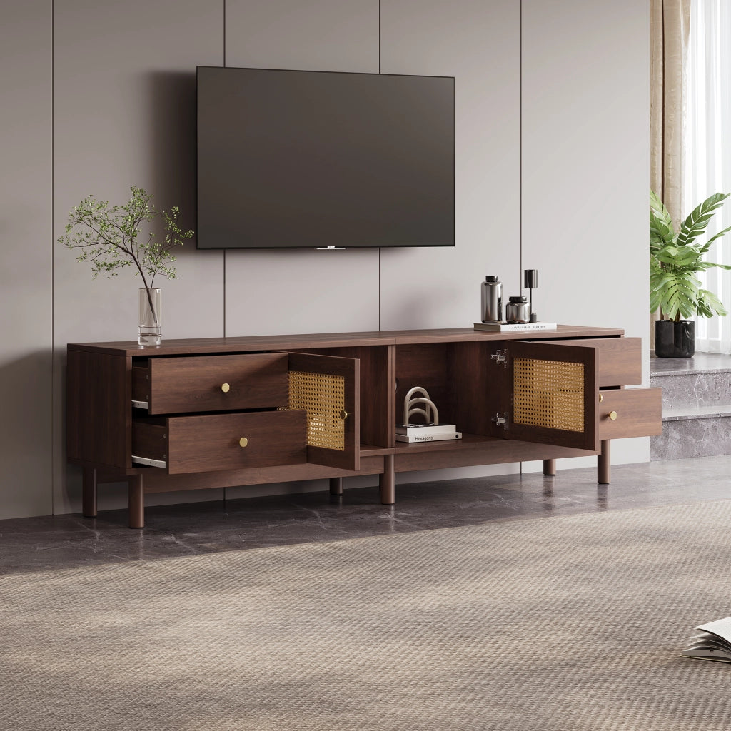 Mobile TV 180 cm - Zephmum - Finitura legno scuro, due ante in rattan, quattro cassetti, gestione cavi