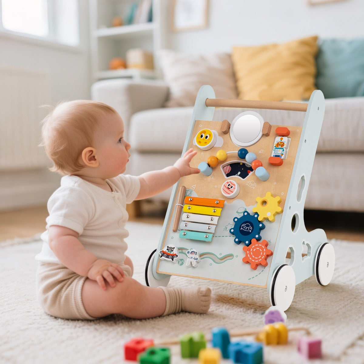 Girello in legno per bambini di apprendimento a spinta ea trazione, Girello in legno per bambini con ruote Verde-Primi passi