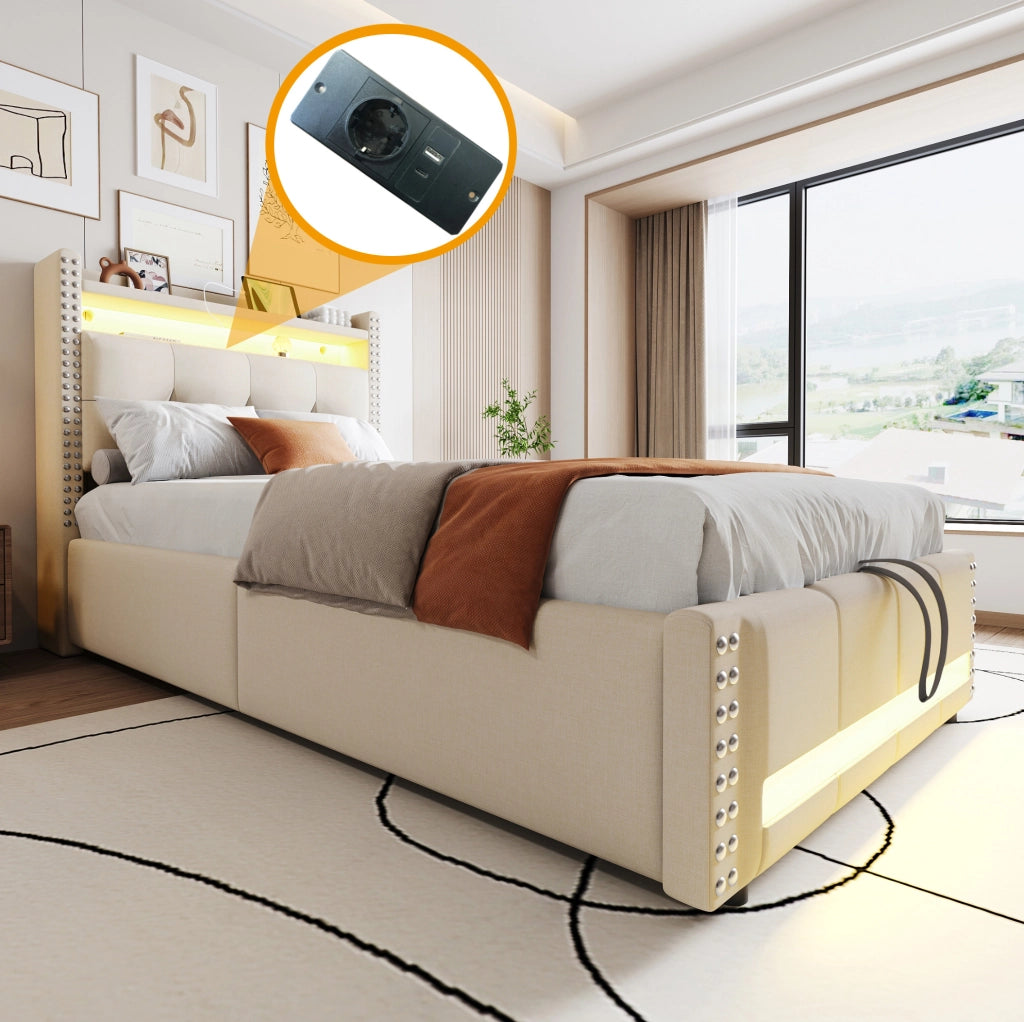 Letto imbottito 90 x 200 cm beige con LED, USB e contenitore