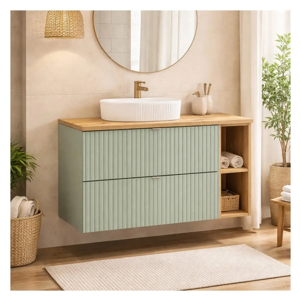 Insieme ELVINA 100cm: mobile sottolavabo con cassetti e nicchie a vista + piano per lavabo + lavabo da appoggio scanalato