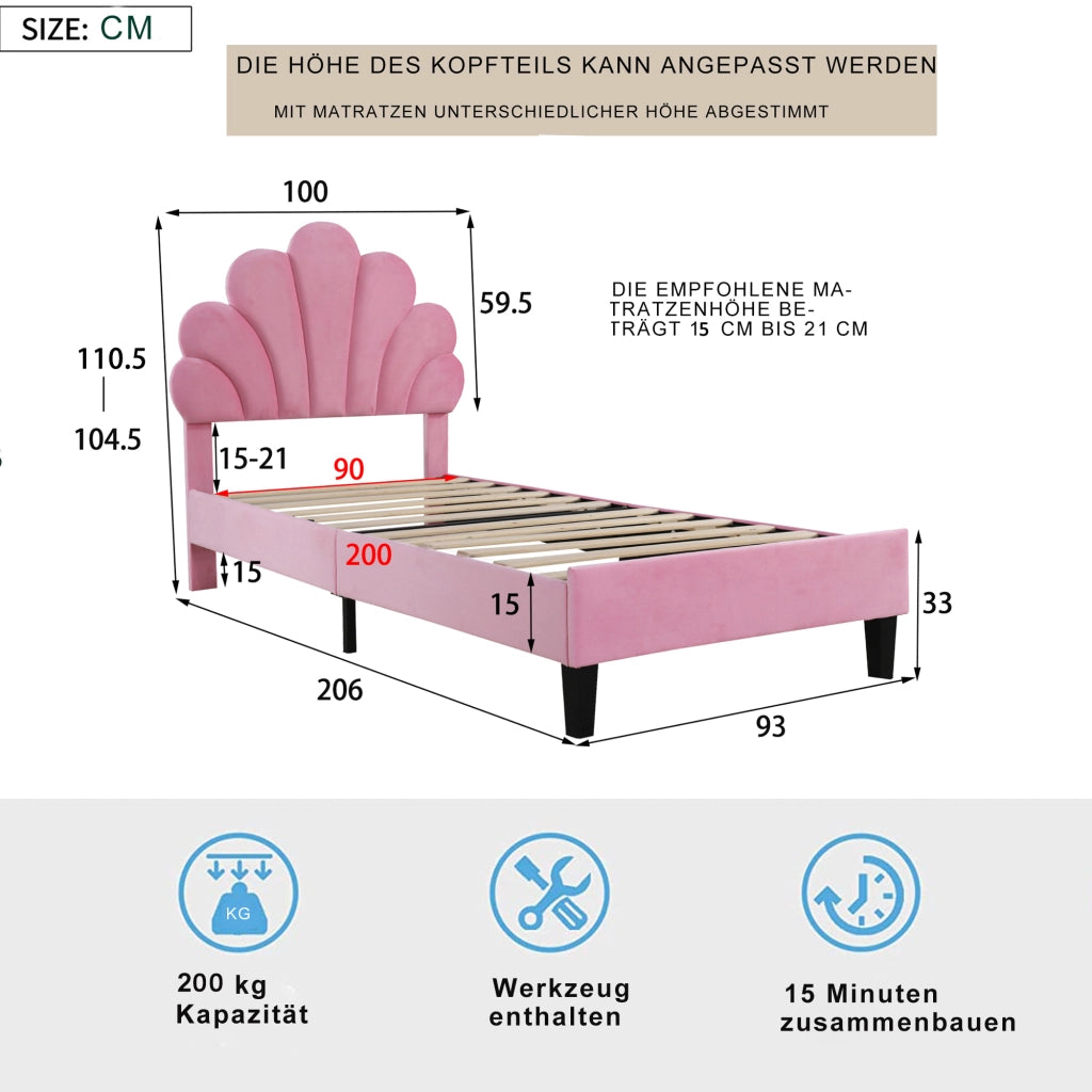 DESMIU Letto Singolo 1 Posto con Testiera Floreale, 90 × 200 cm, senza materasso, Imbottito, Rosa