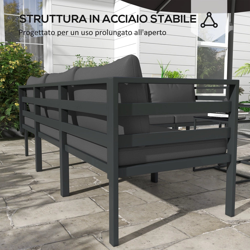 Set Salotto da Giardino Divano Angolare e 2 Tavolini in Acciaio e Poliestere Grigio