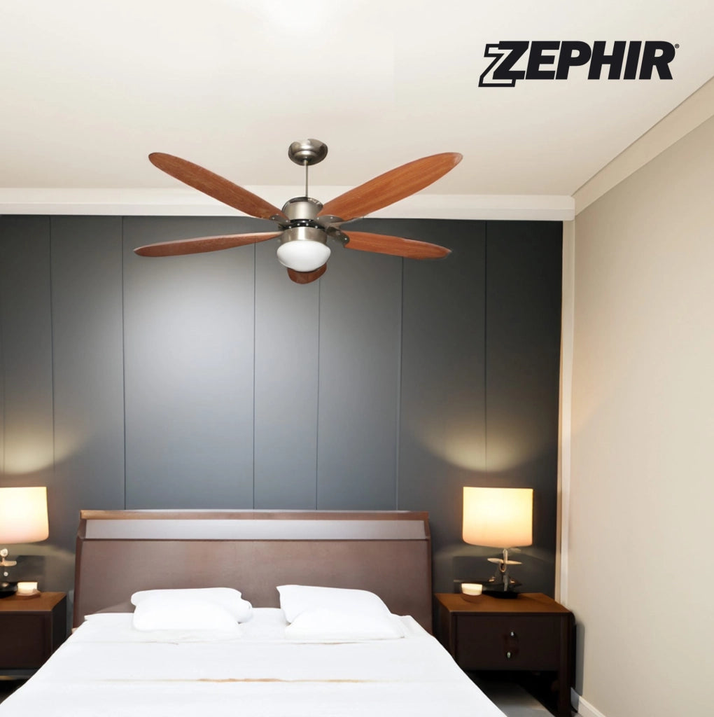 ZEPHIR ZFS9110M Ventilatore da Soffitto 130 cm con Luce E27, 5 Pale in Legno Marrone, Reversibile Estate/Inverno, 3 Velocità, Paralume in Vetro, Comando a Cordicella, 70W, Struttura in Metallo