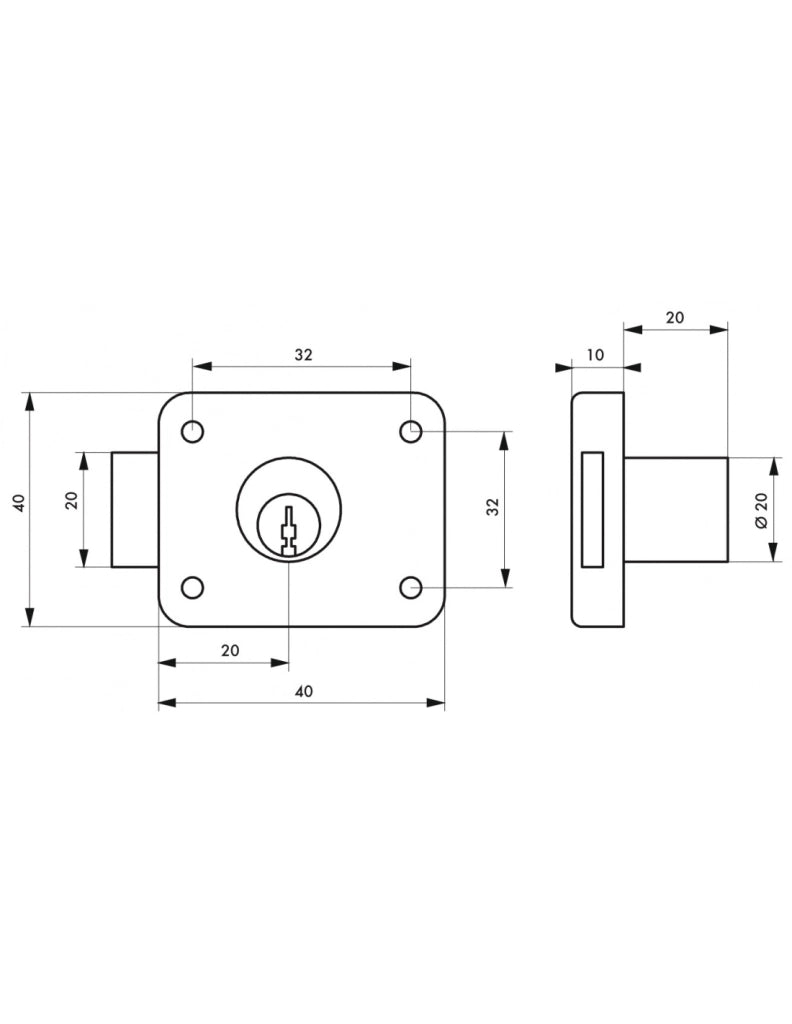 Serratura da applicare per porte di mobili, asse 20 mm, 40 x 40 mm, nichelato, 2 chiavi – THIRARD