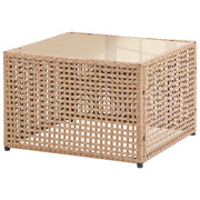 Tavolino da caffè con piano in vetro beige e struttura in rattan PE per esterni 66 x 66 cm Design moderno Giardino Patio Terrazza