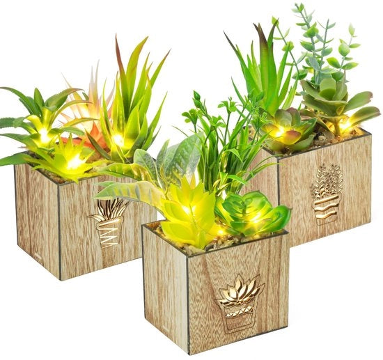 Set di 3 piante artificiali con LED in scatola di legno, piante in plastica, piante in vetro come vere piante in vaso, piante decorative per soggiorno, bagno, finestra e arredamento interno