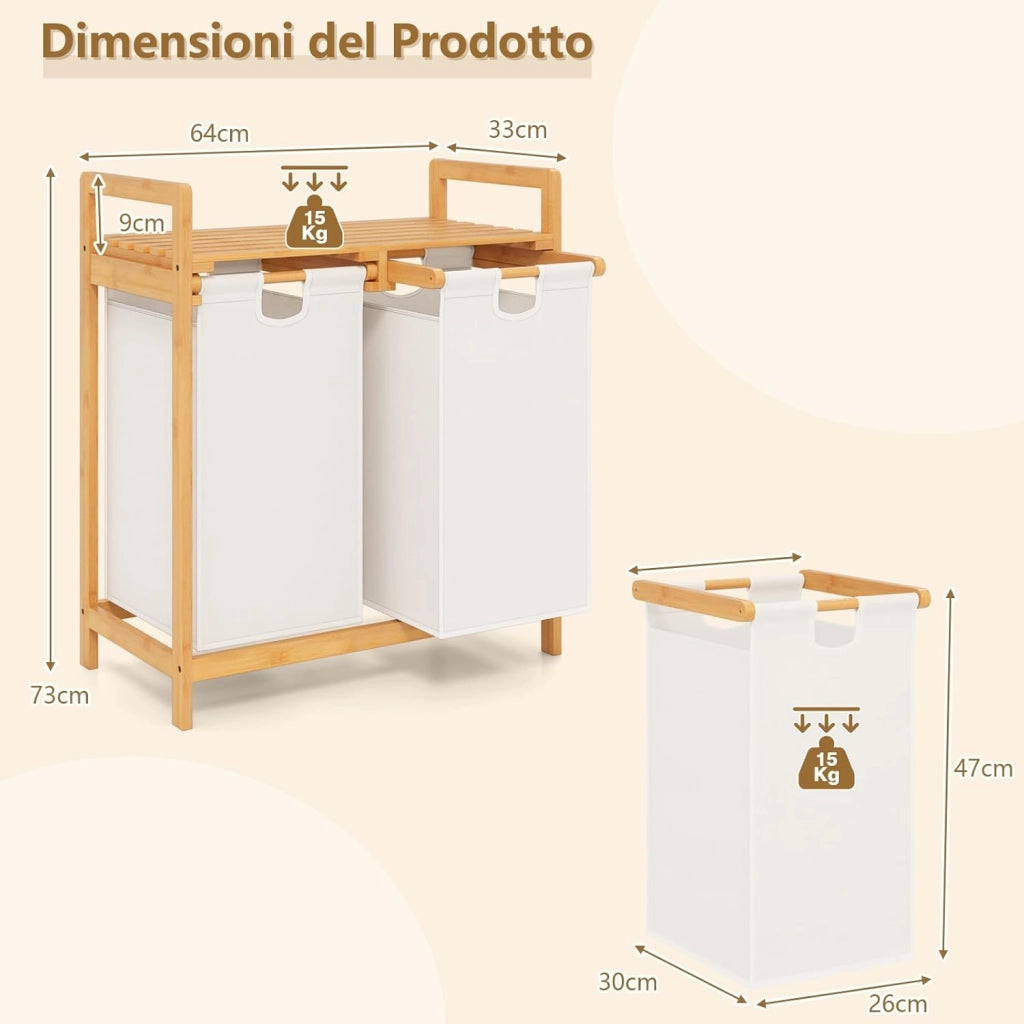 Cesto Portabiancheria in Bambù, Cesto della Biancheria Sporca con 2 Scompartimenti Estraibili, con Borse Rimovibili e Mensola in Alto, 64 x 33 x 73 cm (Bianco)