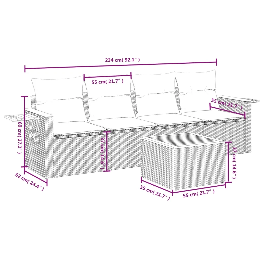 Set Divano da Giardino 5 pz con Cuscini Beige in Polyrattan