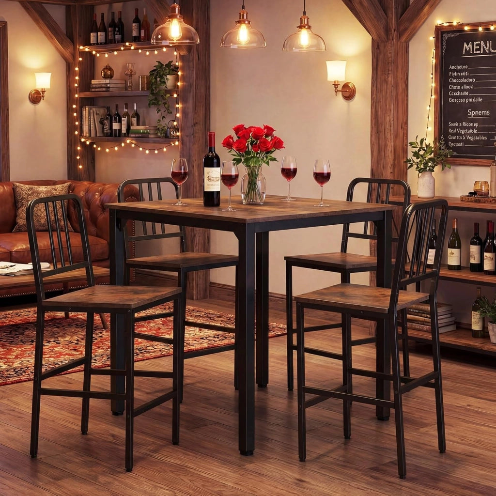 Set da Pranzo per 4 Persone, Set Cucina Bar 5 Pezzi con Superficie in Finto Marmo, Tavolo Quadrato in Legno e 4 Sgabelli Alti per Angolo Colazione e Sala da Pranzo (Caffè)