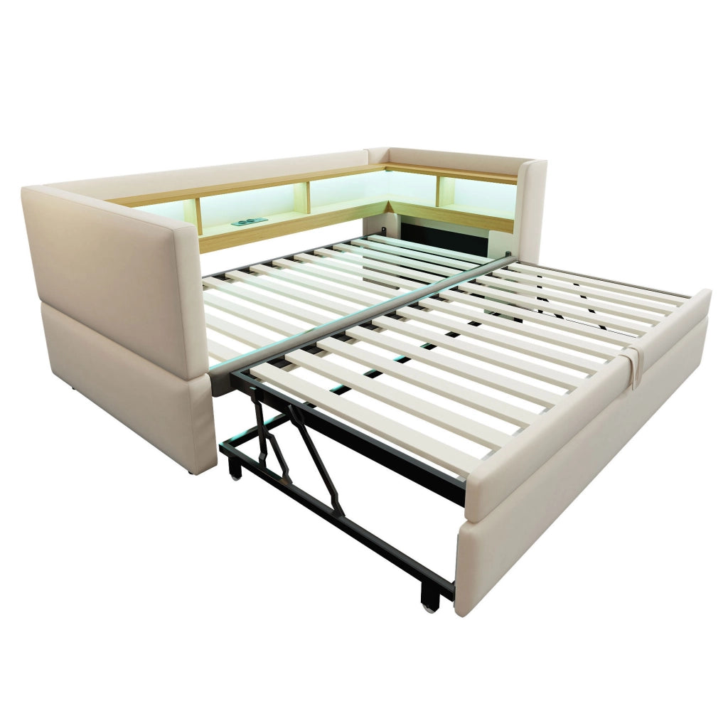 Divano letto estraibile 90/180x190 cm con LED, prese e vani beige