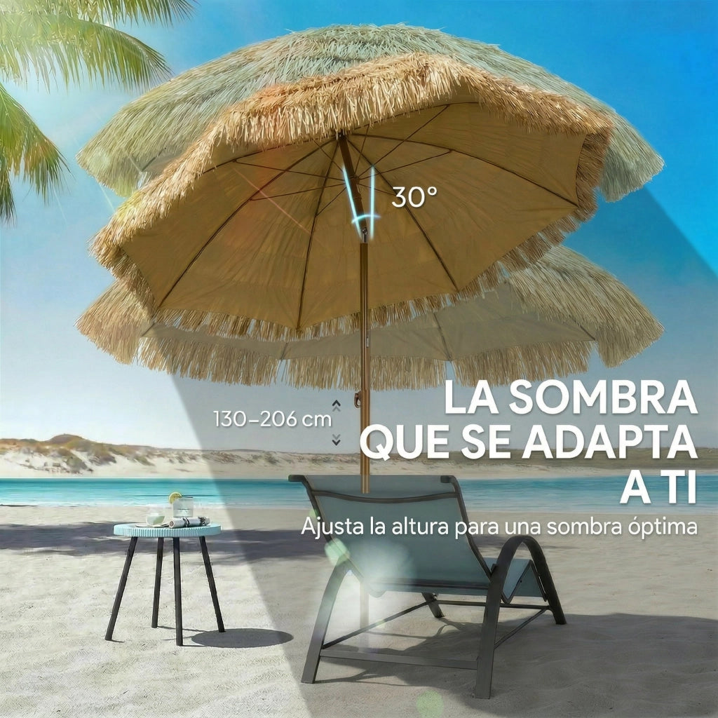 Ombrellone da Spiaggia con Frange in Paglia ?178 cm Regolabile UV50+ ¨C Xylo ¨C Beige Chiaro