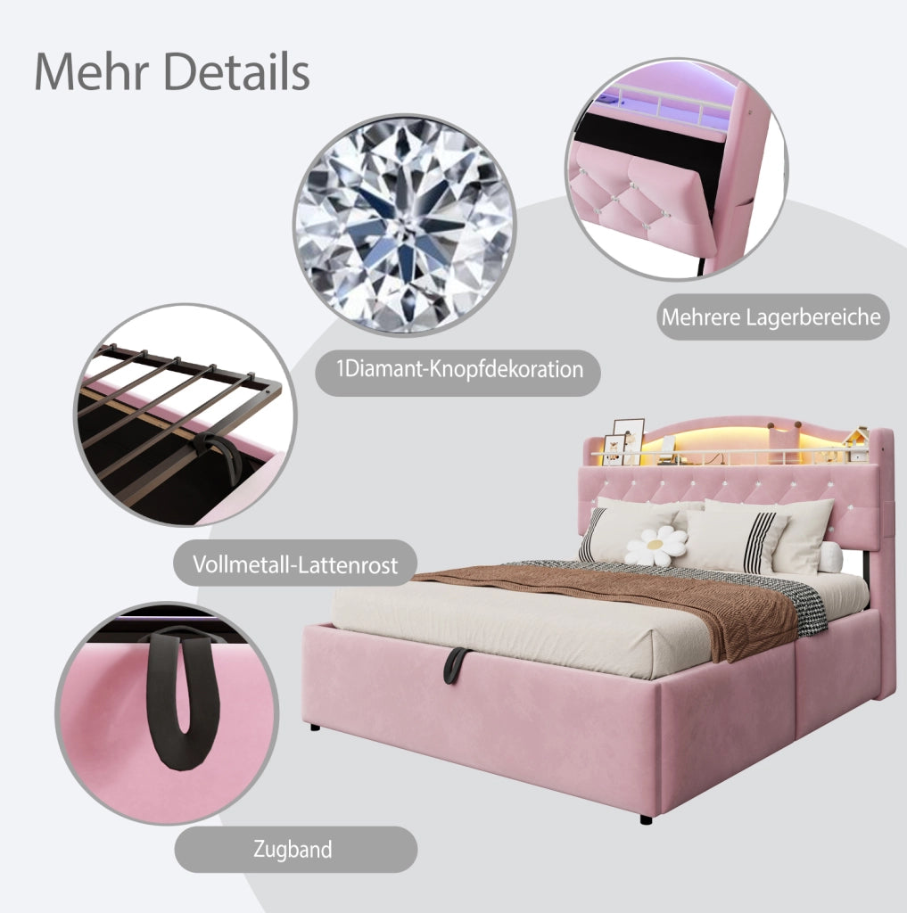LETTO Contenitore 140x200 cm in Velluto Rosa con LED USB e USB-C