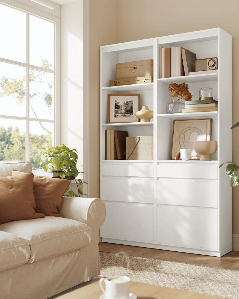 Libreria/credenza alta con 3 cassetti di diverse dimensioni e ripiani regolabili 30 x 57,1 x 180 cm per soggiorno camera da letto o ufficio design moderno salvaspazio bianco 12_0004216