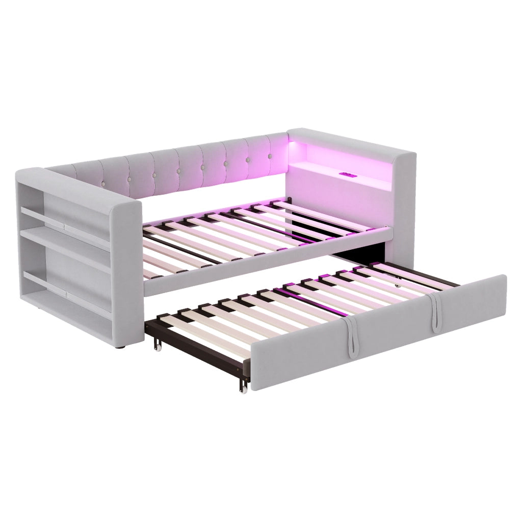 Letto multifunzionale con contenitore, illuminazione LED e prese integrate, 180 x 190 cm, grigio chiaro