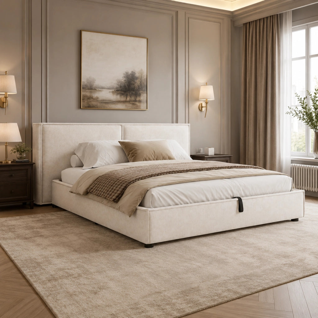 Letto matrimoniale 160x200 cm con contenitore idraulico, rete a doghe, testiera imbottita, rivestimento in chenille beige