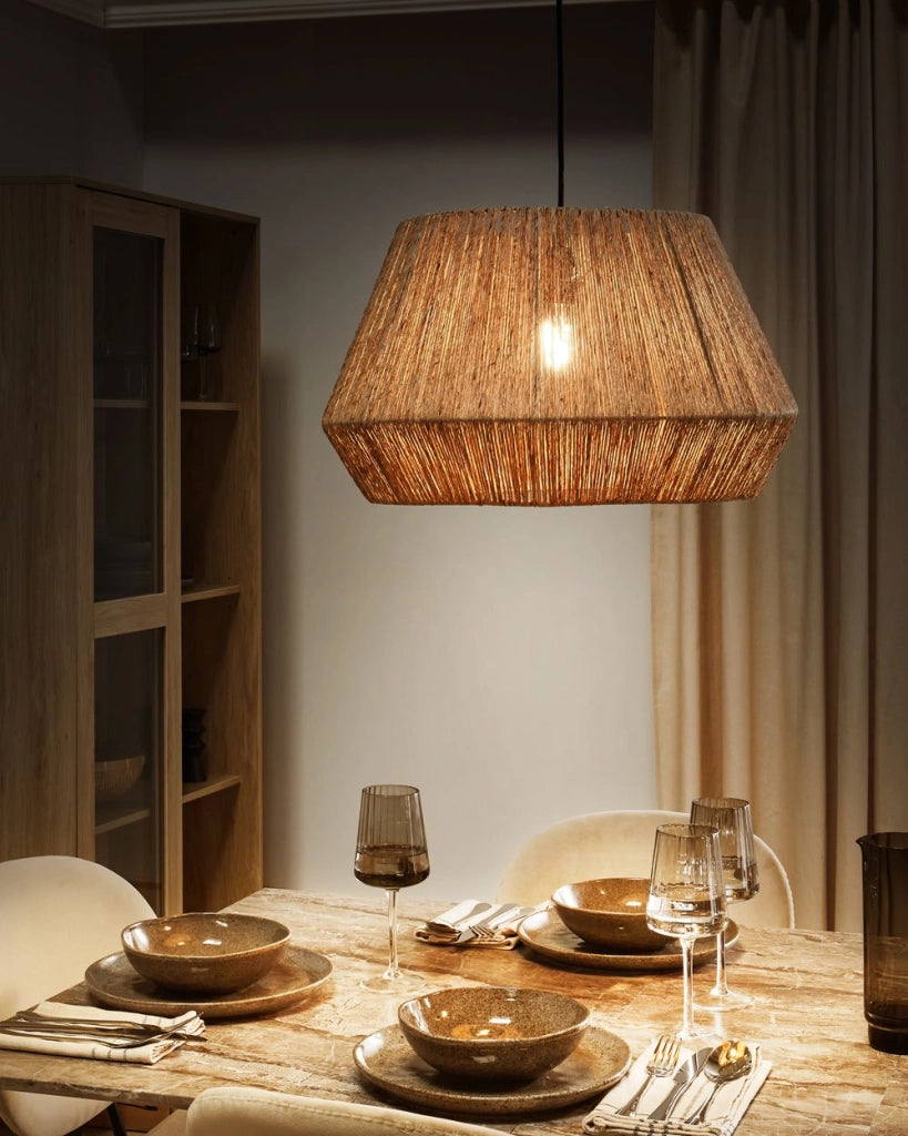 Lampada a sospensione Paralume di iuta naturale Base di ferro nero Lampo boho a sospensione Soggiorno Camera da letto Corridoio