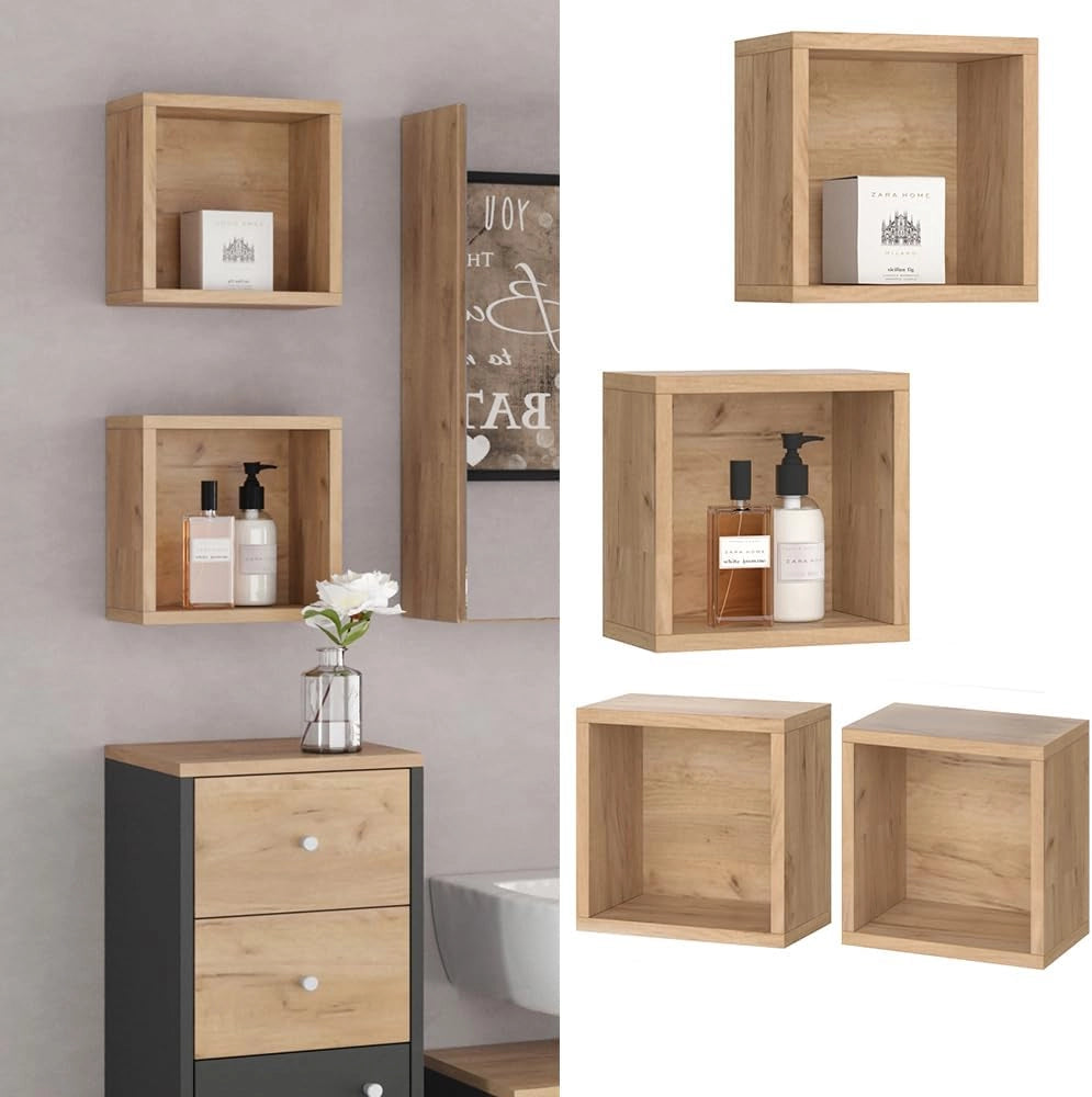 Mensola a muro Senyo, rovere Goldkraft, 25 x 25 cm set da 2, per il bagno, Tanto spazio per gli utensili da bagno