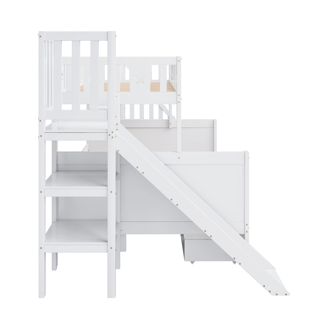 OKWISH Letto a Castello 90×200 cm e 140×200 cm, Letto 3 Posti con Scivolo, Ripiani e 2 Cassetti, senza Materasso, Bianco