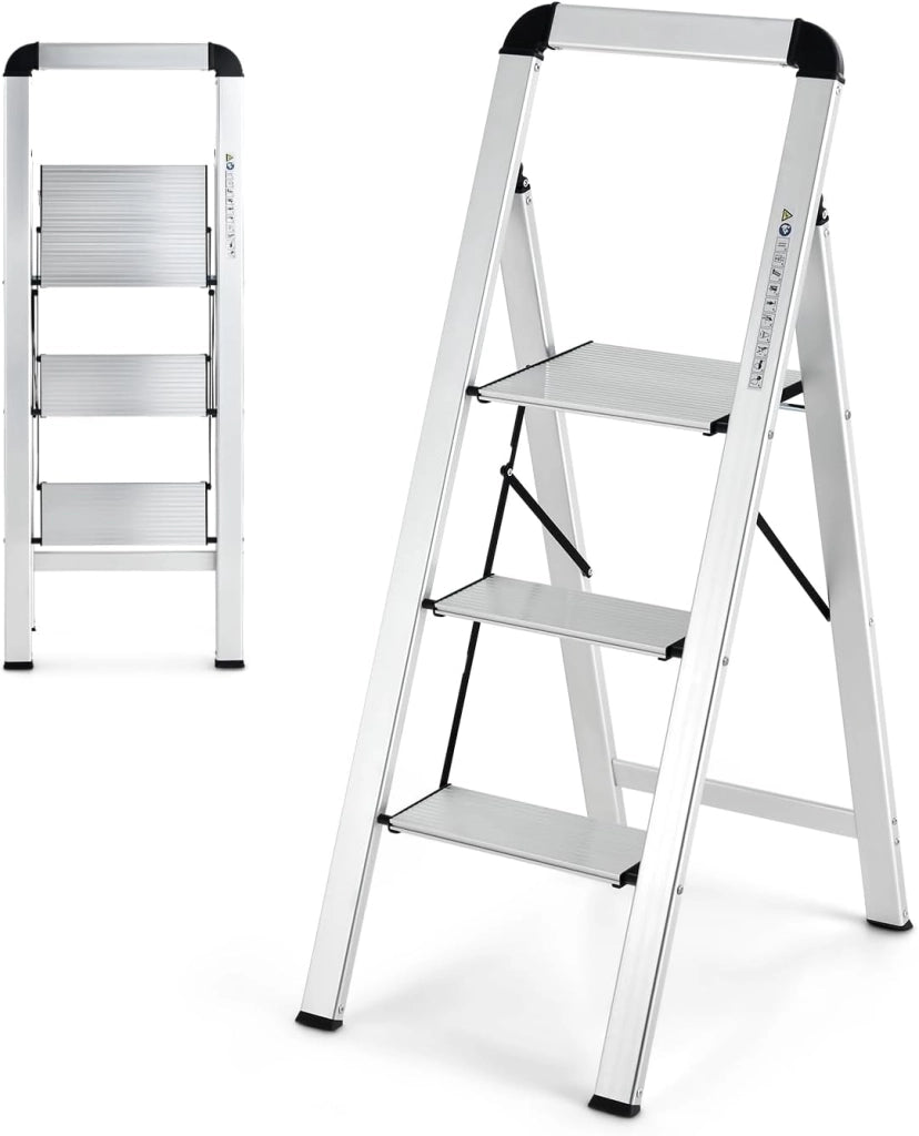 Scala Pieghevole in Alluminio a 3 Gradini, Scaletta Salvaspazio con Corrimano, Ampi Pedali e Piedini Antiscivolo, Telaio in Alluminio Robusto e Leggero, Portata 150kg